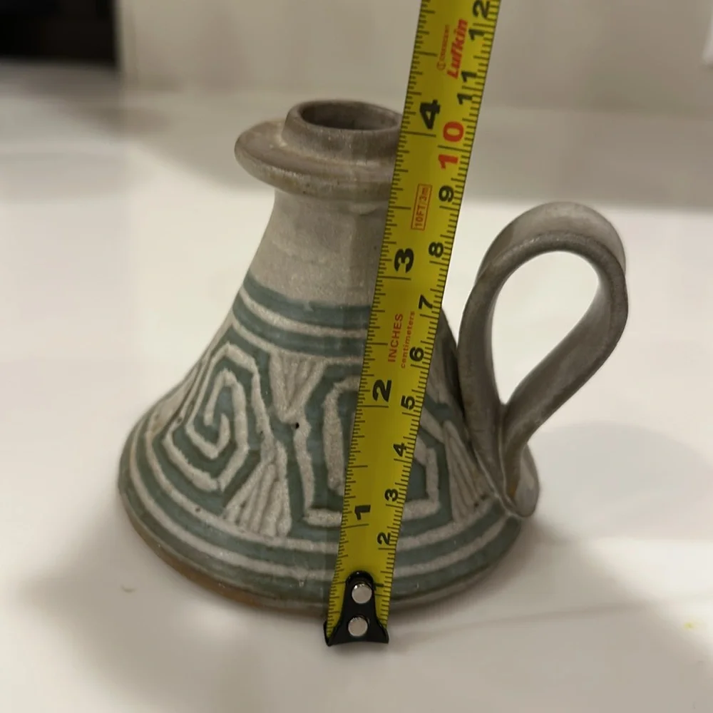 Handmade Geometric Design Pottery Candleholder Signed 4”